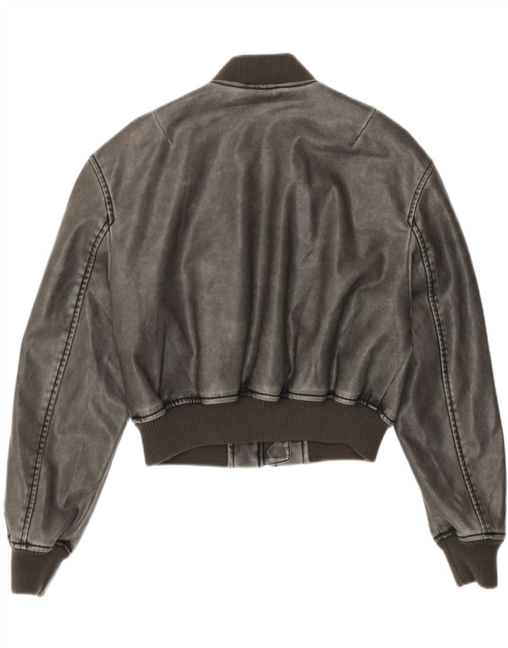 Zara Jaqueta bomber feminina de couro sintético superdimensionada UK 6 XS cinza poliuretano