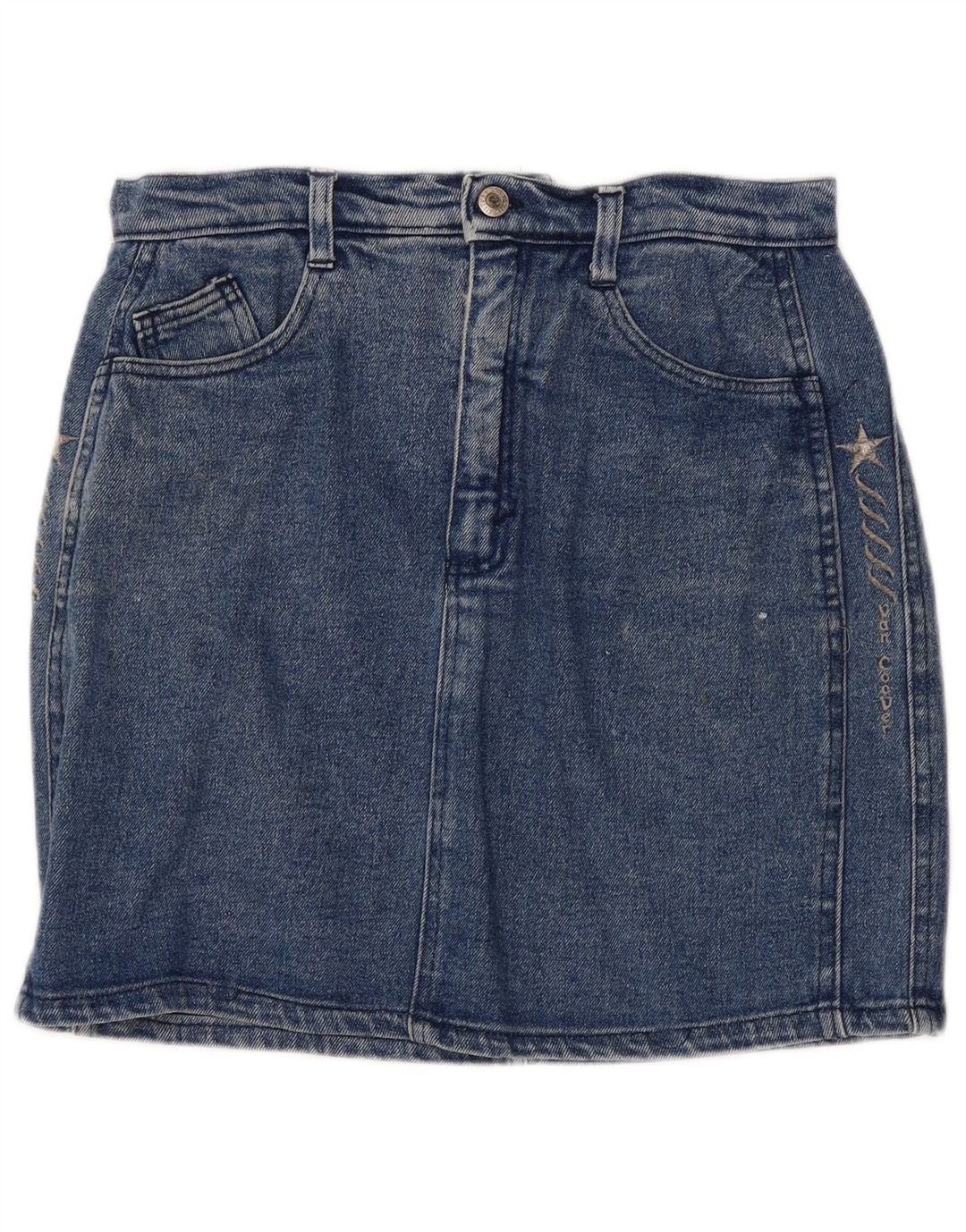 Mini saia jeans feminina vintage IT 46 grande W32 algodão azul