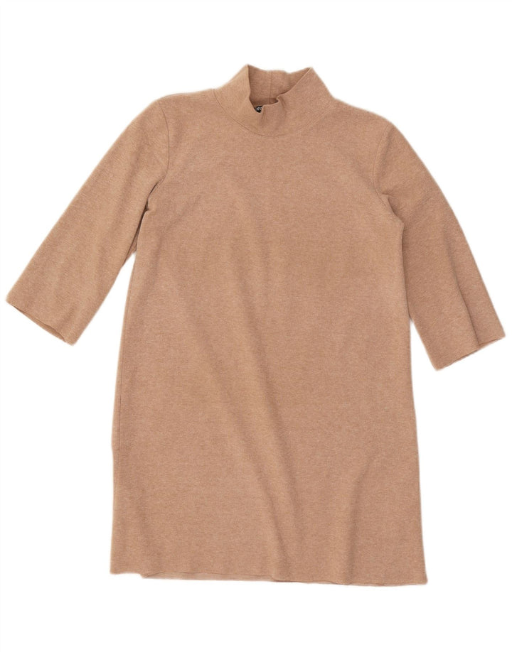 Vestido feminino Zara com manga 3/4 UK 10 pequeno poliéster bege