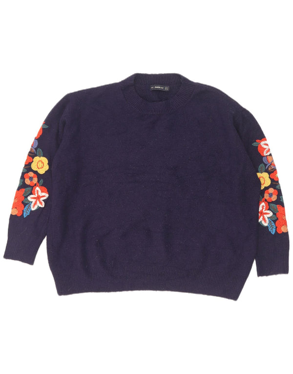Suéter feminino Zara com gola redonda, Reino Unido 14, médio, azul marinho, floral