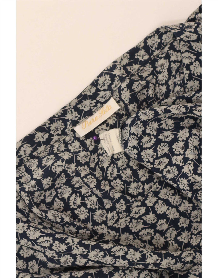 Blusa feminina vintage top IT 48 XL azul floral seda