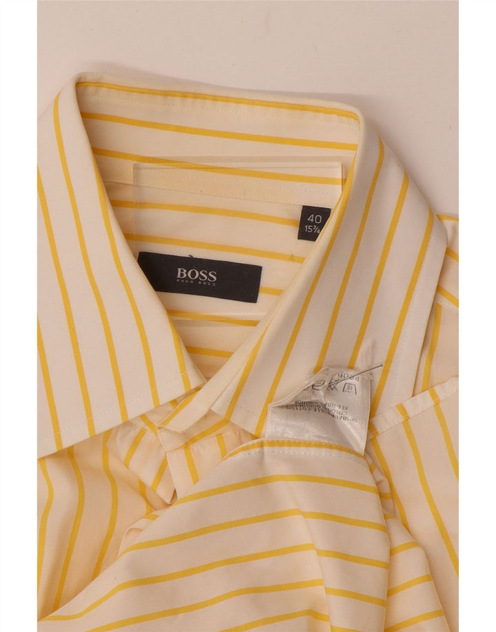 Camisa masculina HUGO BOSS tamanho 40 15 3/4 algodão listrado amarelo médio