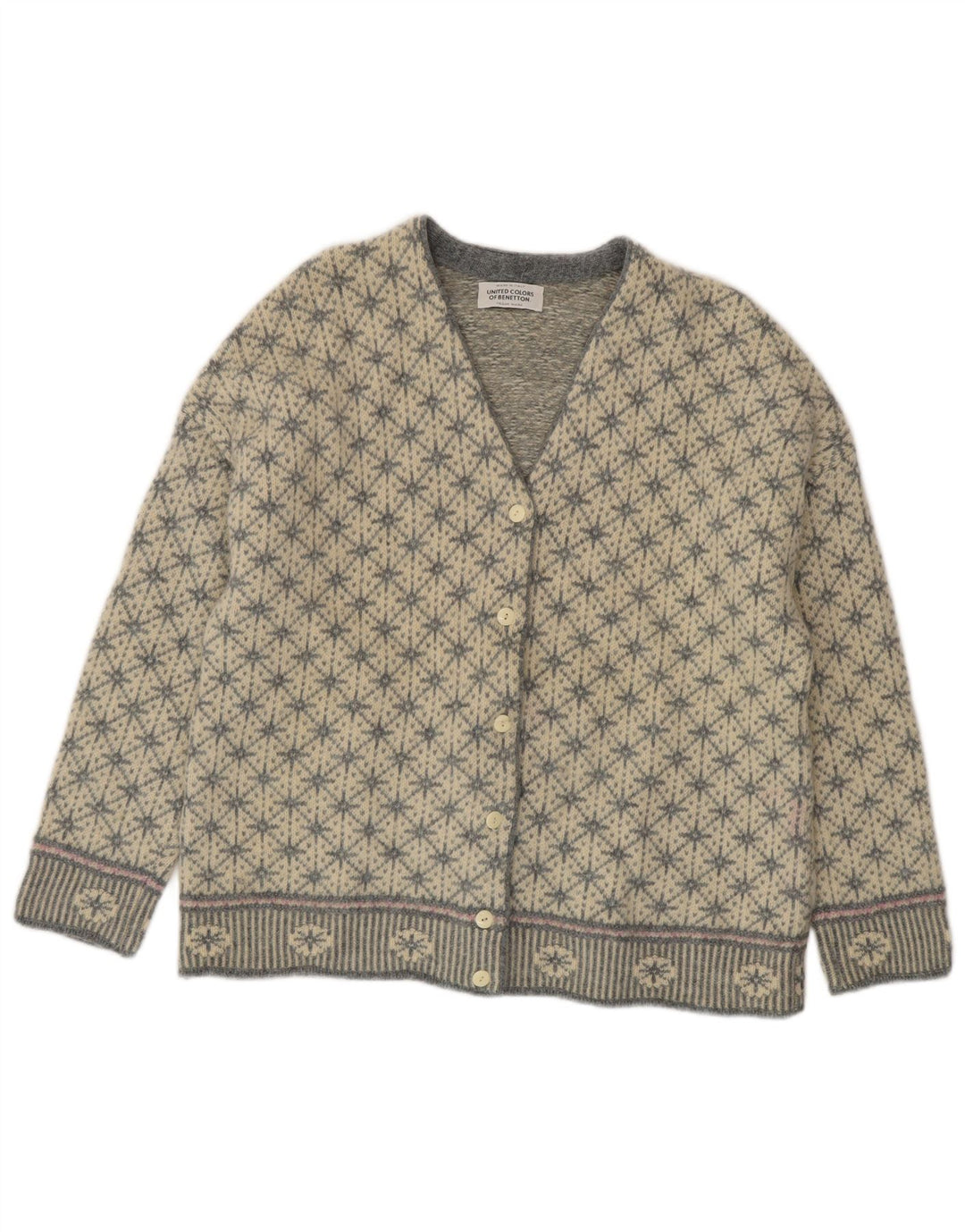 Suéter cardigã feminino oversized BENETTON Reino Unido 10 pequeno cinza Fair Isle