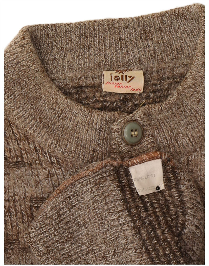 Suéter feminino vintage com gola redonda e botão UK 16 grande lã listrada marrom