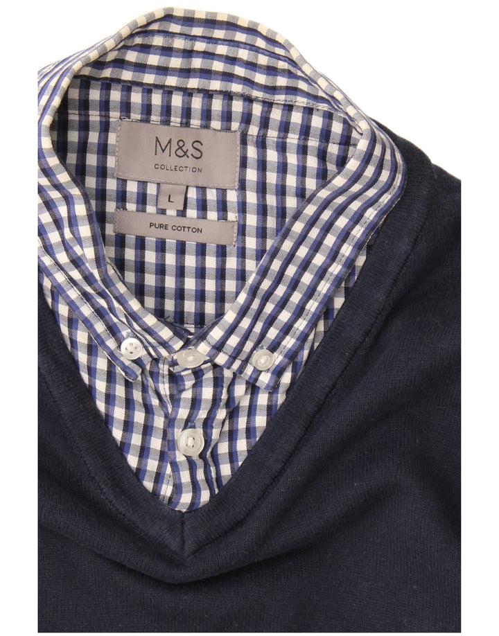Suéter masculino Marks & Spencer com gola polo grande guingão azul marinho