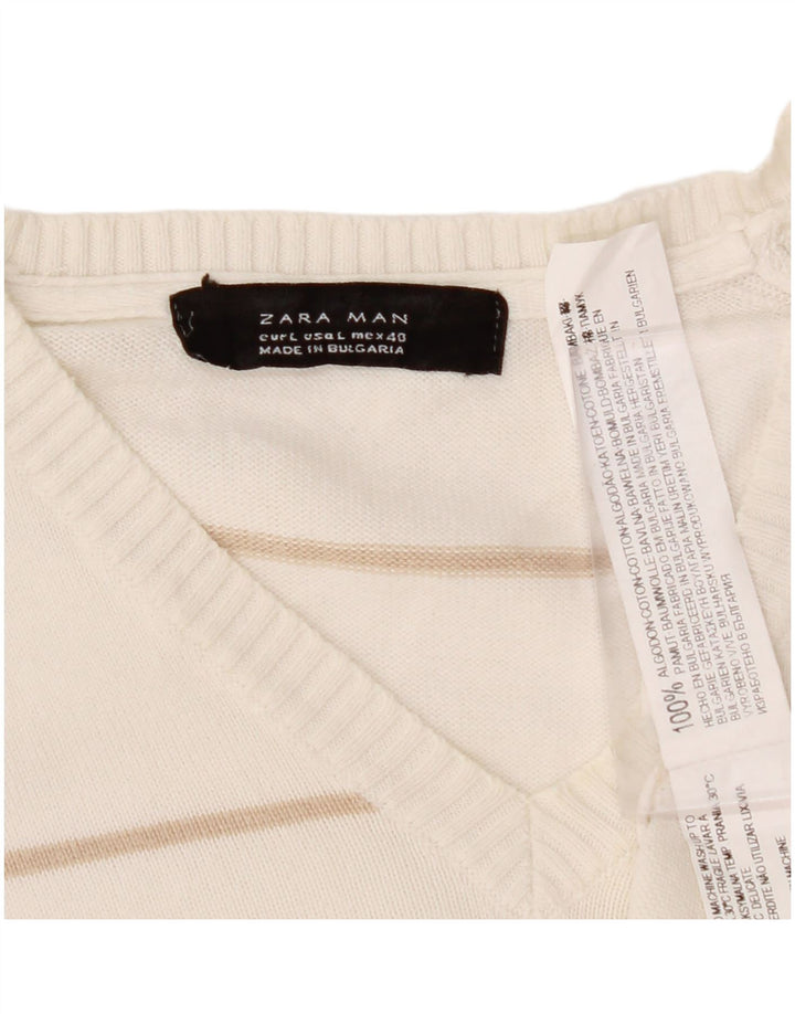 Suéter masculino ZARA com decote em V, grande algodão listrado branco