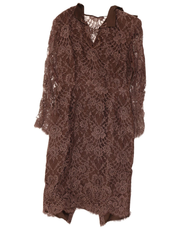 Vestido vintage feminino manga comprida com bainha de renda Reino Unido 10 pequeno marrom floral