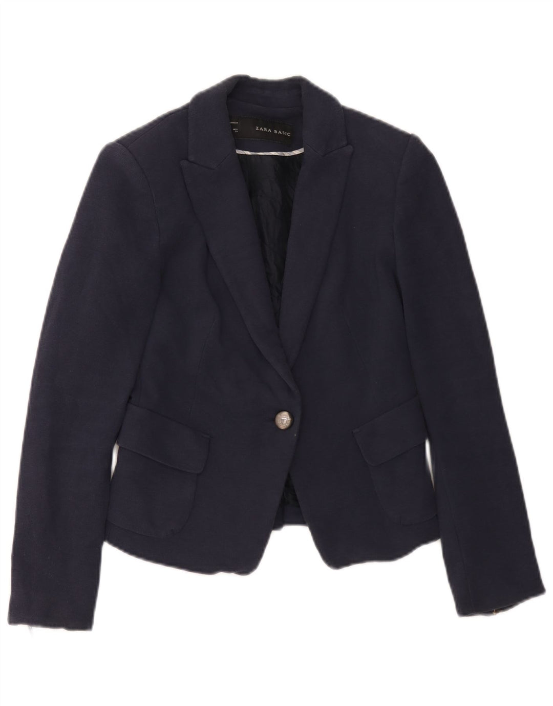 Jaqueta blazer feminina Zara com 1 botão Reino Unido 6 XS azul marinho algodão