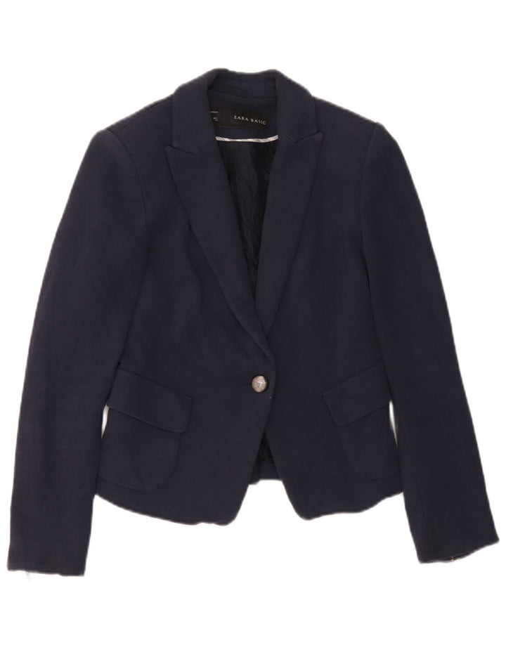 Jaqueta blazer feminina Zara com 1 botão Reino Unido 6 XS azul marinho algodão