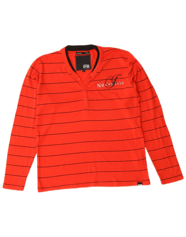 Jack & Jones Camiseta masculina de manga comprida pequena listrada vermelha de algodão