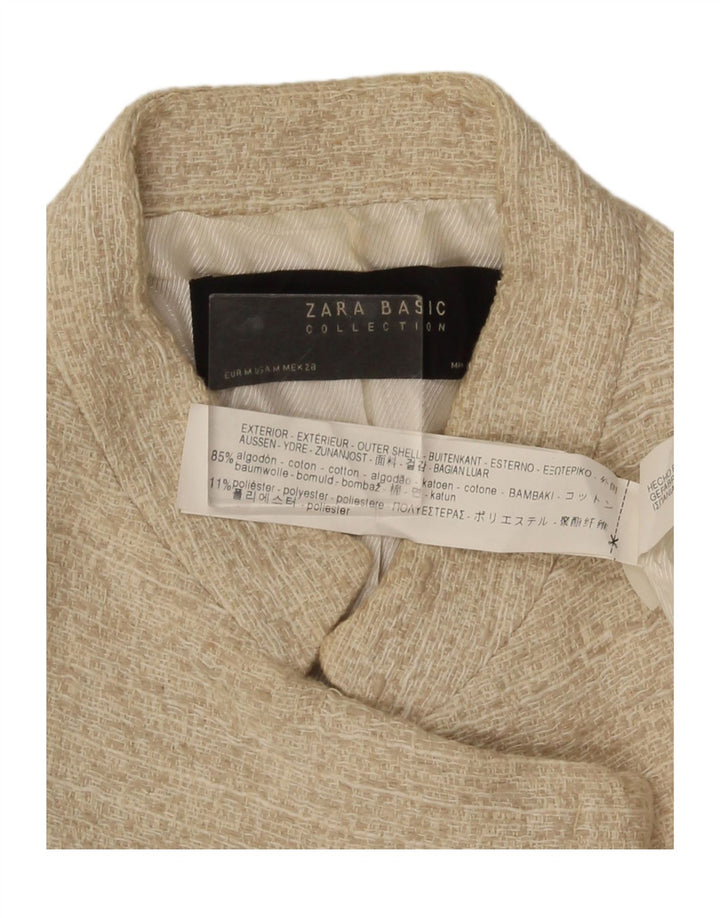 Jaqueta blazer aberta feminina Zara Reino Unido 12 algodão manchado bege médio