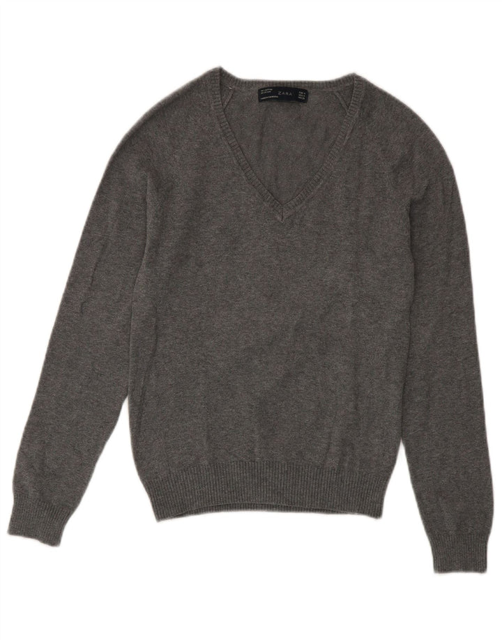 Suéter feminino Zara com decote em V Reino Unido 12 algodão cinza médio