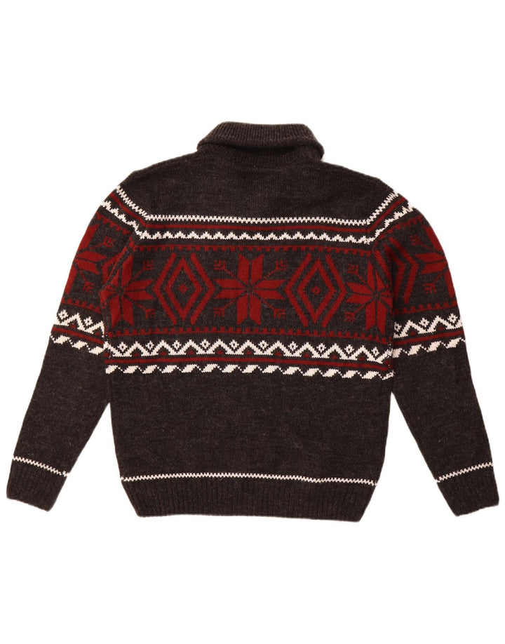 Suéter masculino vintage com gola xale cinza médio Fair Isle