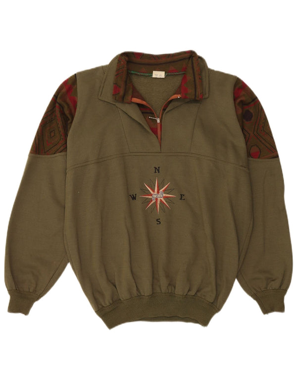 Moletom masculino vintage com zíper e gola alta, grande cáqui geométrico