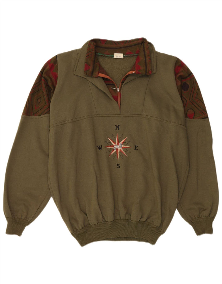 Moletom masculino vintage com zíper e gola alta, grande cáqui geométrico