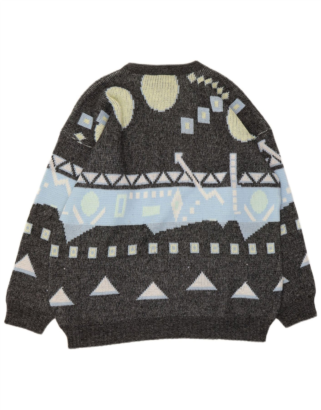 Suéter vintage masculino com gola redonda grande cinza geométrico