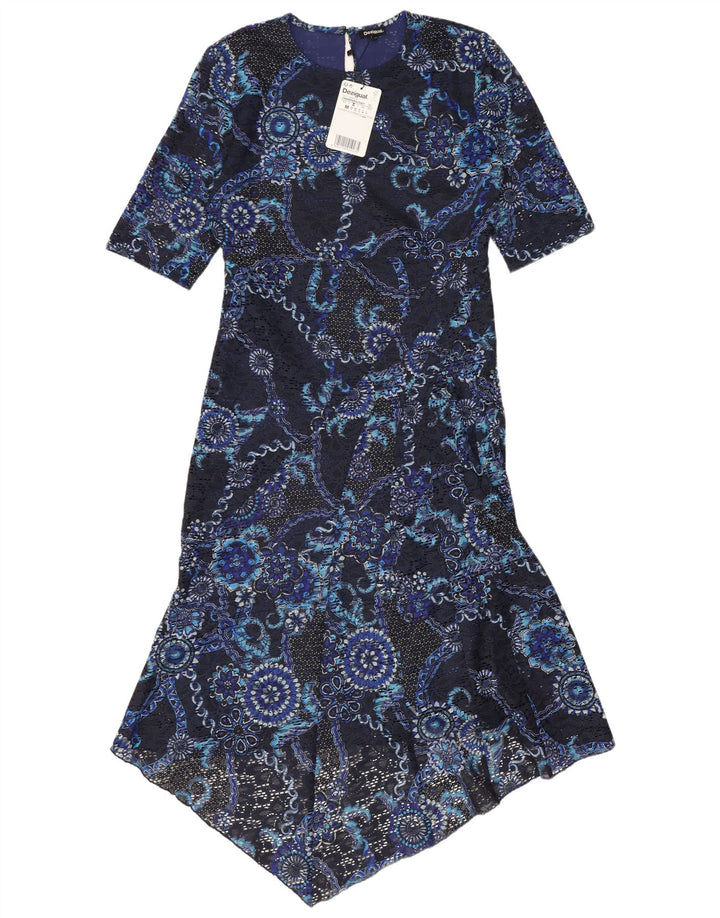 Vestido feminino de renda assimétrica Desigual Reino Unido 12 médio azul marinho floral