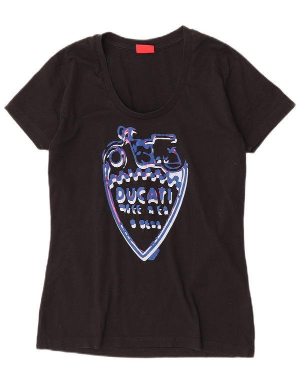 Camiseta feminina gráfica Ducati UK 12 algodão preto médio
