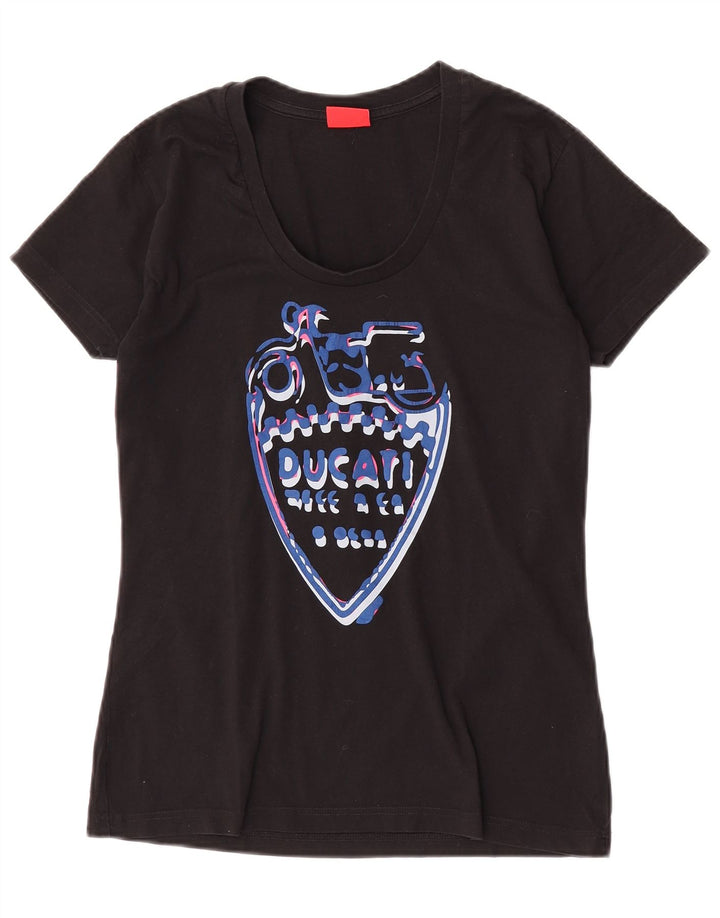 Camiseta feminina gráfica Ducati UK 12 algodão preto médio