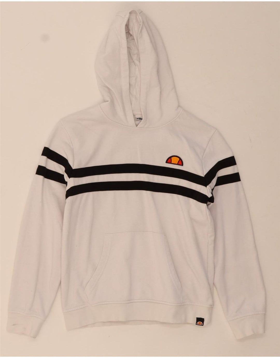 ELLESSE Boys Hoodie Jumper 11-12 Years White Striped Cotton Vintage Ellesse and Second-Hand Ellesse from Messina Hembry 