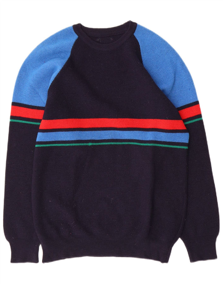 Suéter vintage masculino com gola redonda, bloco colorido médio azul marinho