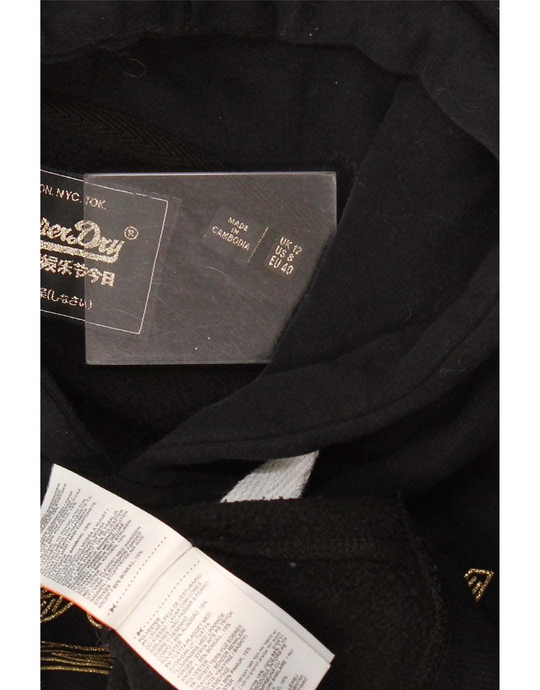 Superdry feminino gráfico moletom com capuz UK 12 médio algodão preto