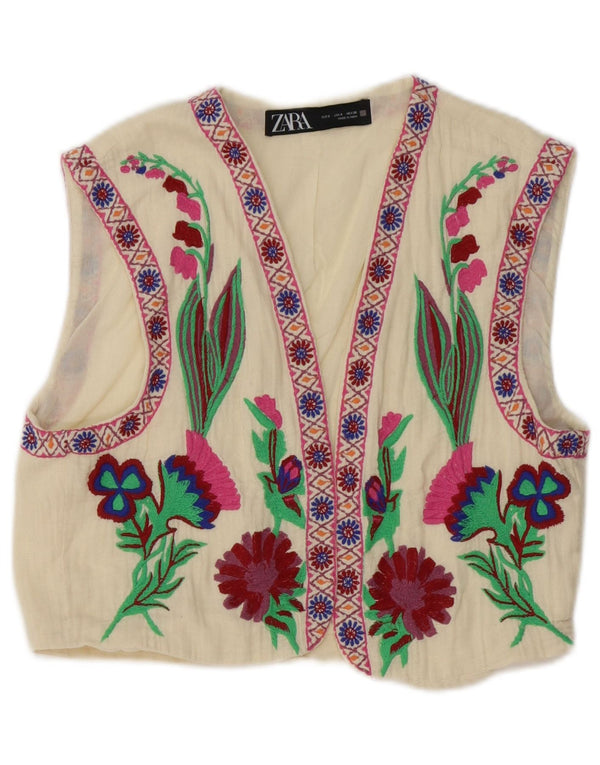 Colete feminino Zara UK 10 pequeno algodão floral branco