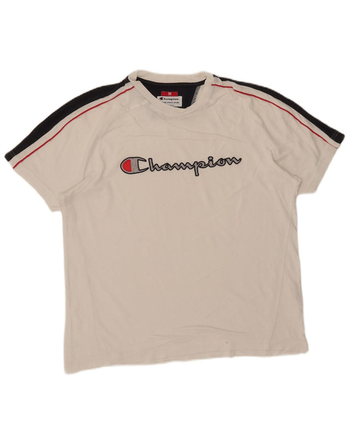 Camiseta masculina com estampa gráfica Champion, algodão colorblock branco médio