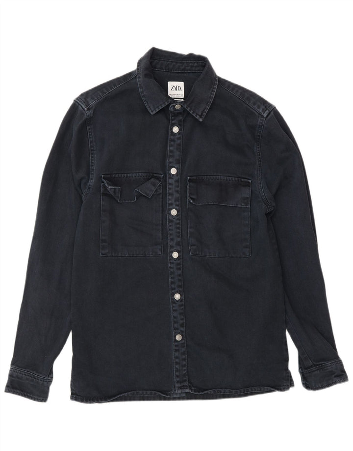 Camisa jeans masculina Zara com ajuste relaxado médio algodão azul marinho