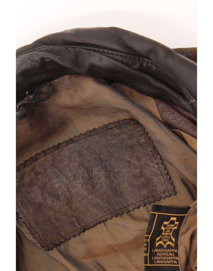 Jaqueta bomber masculina de couro Gina Bacconi Reino Unido 36 pequena marrom patchwork retrô