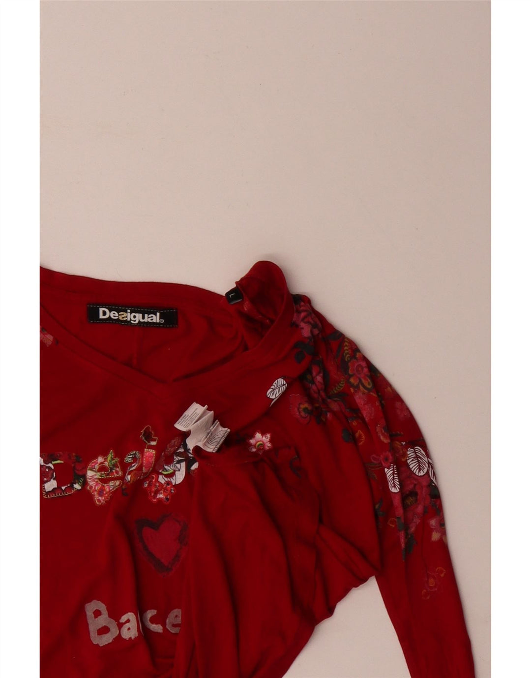 DESIGUAL Top gráfico feminino Barcelona manga comprida Reino Unido 16 grande coração vermelho