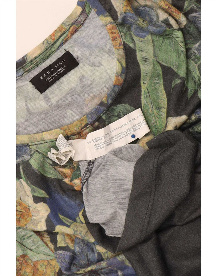 Camiseta masculina Zara com estampa gráfica grande poliéster floral cinza