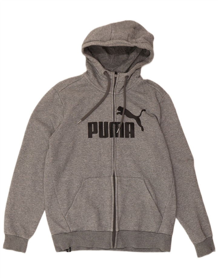Suéter masculino PUMA com capuz e zíper gráfico cinza médio algodão manchado