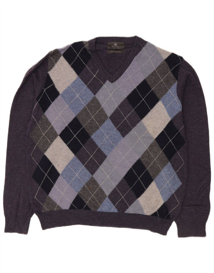 Suéter masculino Marks & Spencer com decote em V médio roxo Argyle/Diamante