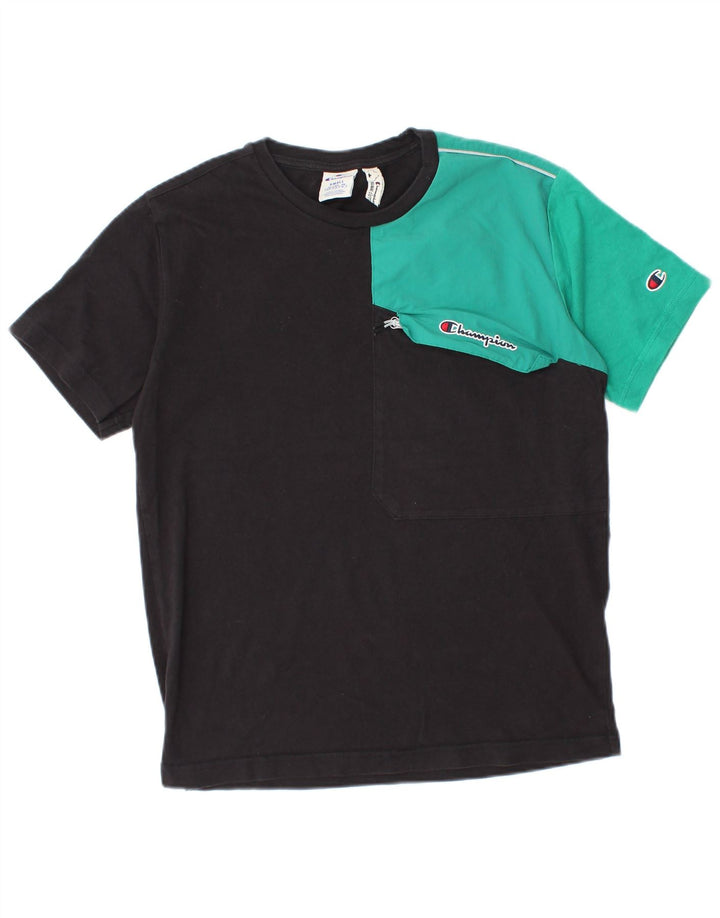 Camiseta masculina Champion pequena preta colorida em algodão