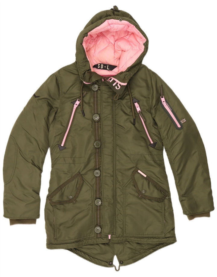 Jaqueta parka feminina SUPERDRY com capuz Reino Unido 14 nylon cáqui médio