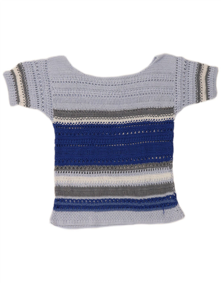 Blusa feminina de crochê vintage UK 10 pequena listrada azul