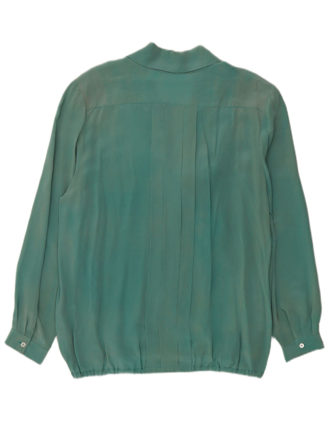Blusa feminina vintage de manga comprida com gravata frontal Reino Unido 16 seda verde grande