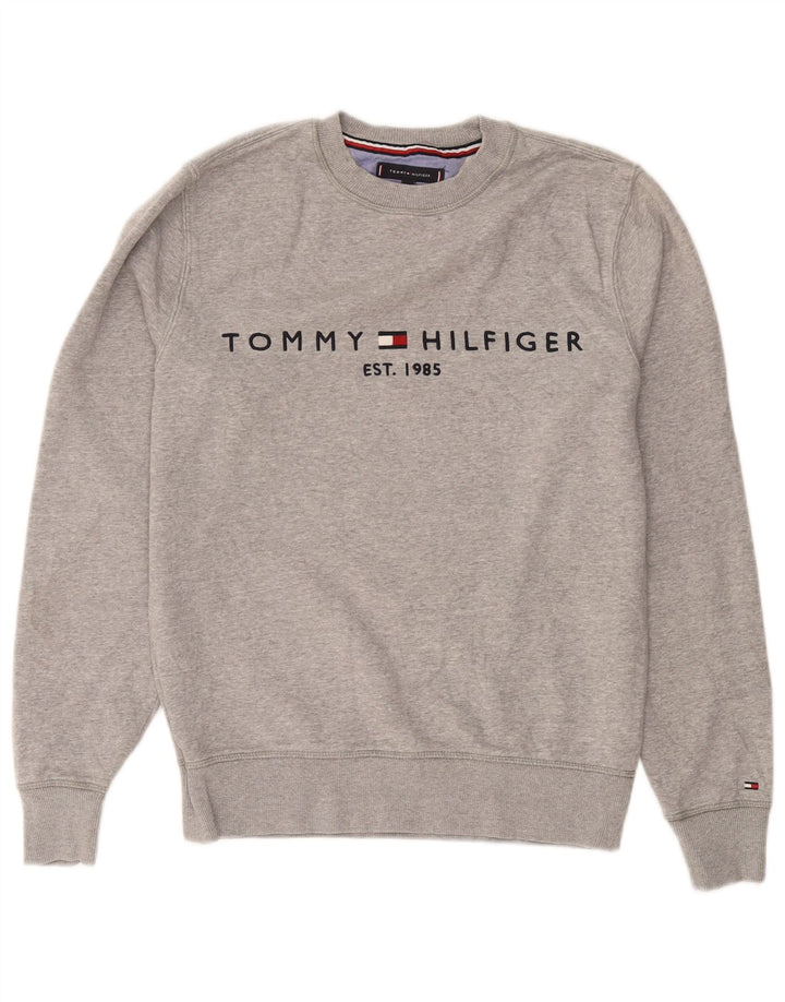 Tommy Hilfiger moletom gráfico masculino jumper médio cinza algodão manchado