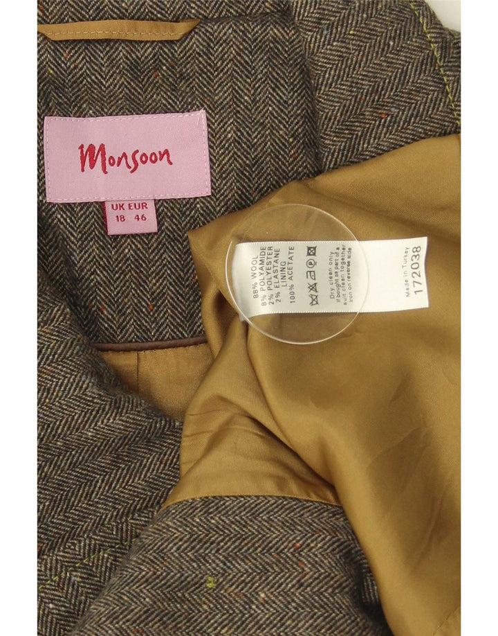 Monsoon Casaco feminino curto manga 3/4 ervilha Reino Unido 18 XL lã espinha de peixe cinza