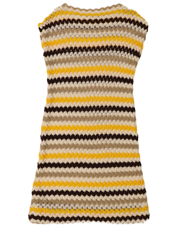 Vestido feminino vintage sem mangas com bainha UK 16 grande listrado multicolorido
