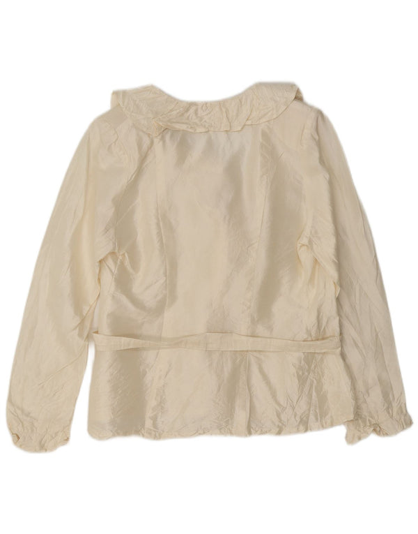 Blusa feminina vintage com babados na frente Reino Unido 10 pequena off white