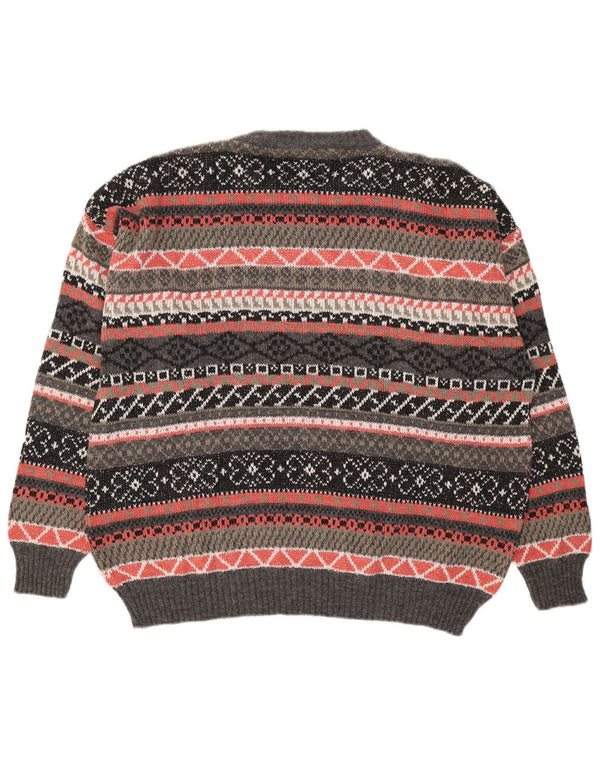 Vintage Mens Crew Neck Jumper Sweater Large Grey Geometric Acrylic