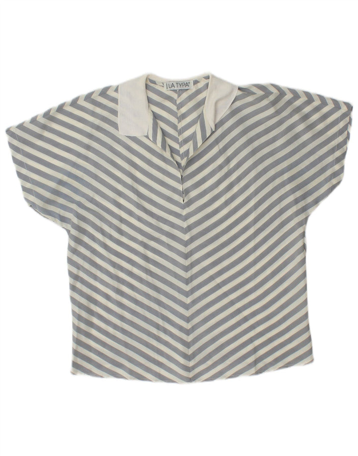 Blusa feminina vintage de manga curta pulôver UK 14 listrada cinza médio