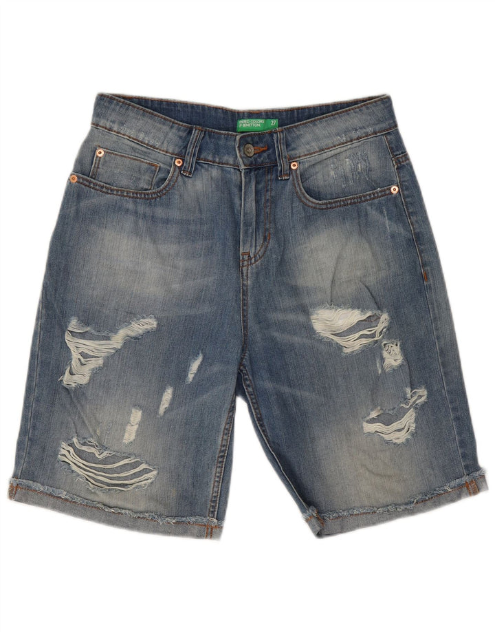 Shorts jeans feminino desgastado BENETTON W27 pequeno algodão azul