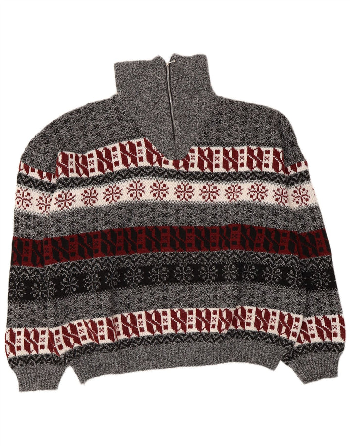 Suéter feminino vintage com decote em zíper UK 14 cinza médio Fair Isle