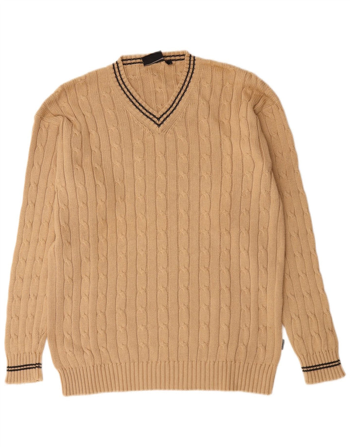 Suéter masculino vintage com decote em V grande algodão bege