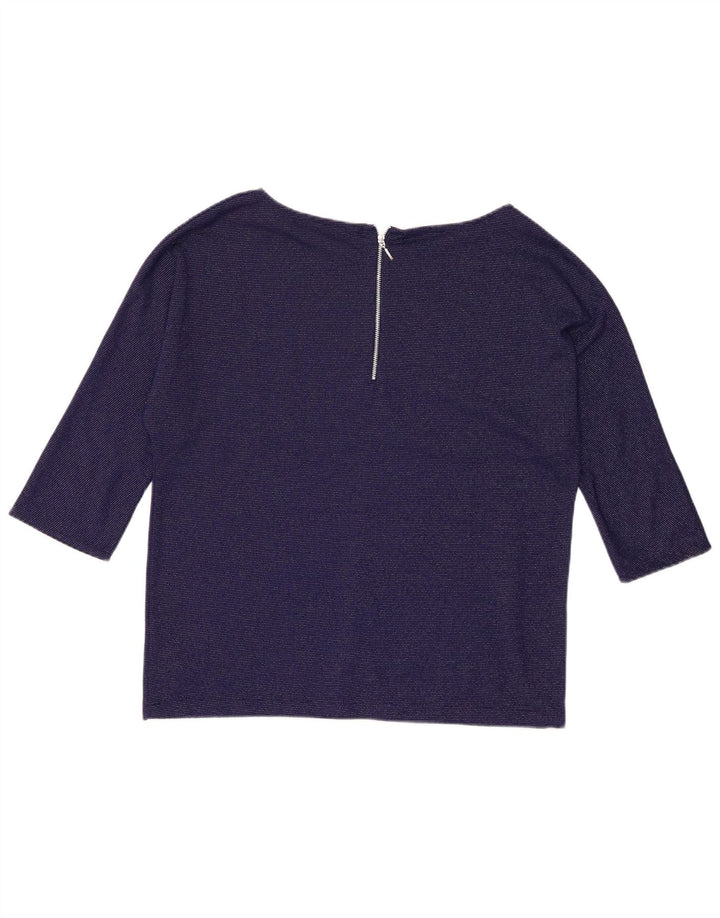 Top feminino Zara manga 3/4 UK 16 grande poliéster azul marinho