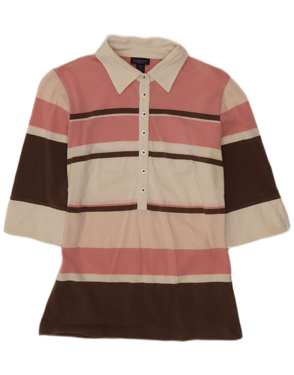 Camisa polo feminina de rugby de manga 3/4 da Gant Reino Unido 12 algodão listrado rosa médio
