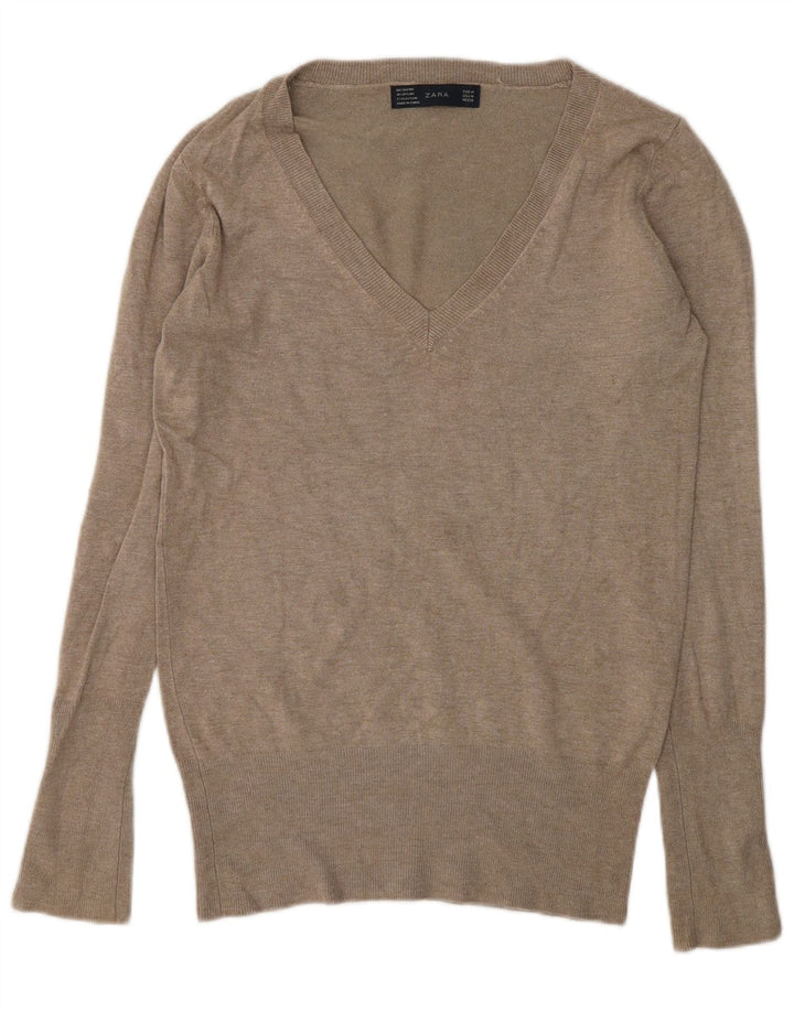 Suéter feminino Zara com decote em V Reino Unido 14 médio cinza rayon